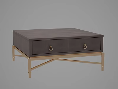 Modern Gray Coffee Table With Two Drawers Gold Ring Handles And Metal Frame 3d model