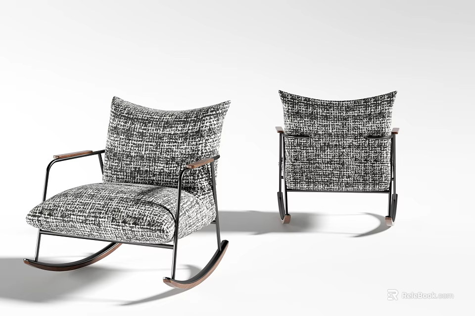 Modern Leisure Rocking Chair With Patterned Upholstery Metal Frame And Wooden Rockers 3d model 