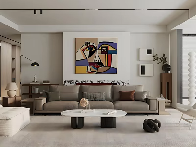 Modern Living Room Interior Design With Gray Sofa Coffee Table Abstract Painting And Neutral Tones 3d model