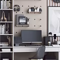 Modern Desk And Chair Set With Computer Monitor Wall Shelves Clock And Decorative Painting