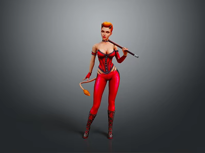 Woman In Red Bodysuit Holding Staff And Whip Against Gray Background 3d model