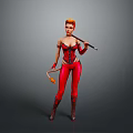 Woman In Red Bodysuit Holding Staff And Whip Against Gray Background