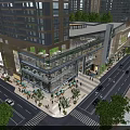 Modern Multistory Commercial Building With Glass Facade Along Street With Pedestrians Vehicles And Greenery