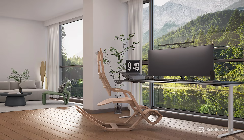 Modern Office Desk With Monitor Plant Rocking Chair And Mountain Forest View 3d model 