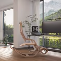 Modern Office Desk With Monitor Plant Rocking Chair And Mountain Forest View