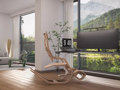 Modern Office Desk With Monitor Plant Rocking Chair And Mountain Forest View 3d model