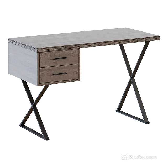 Modern Wooden Desk With Two Drawers And Black X Shaped Metal Legs 3d model 