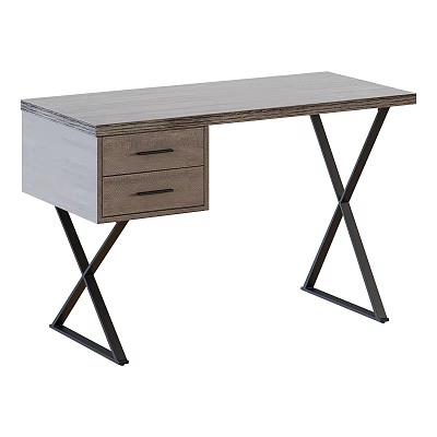 Modern Wooden Desk With Two Drawers And Black X Shaped Metal Legs 3d model