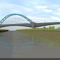 Blue Arch Bridge Spanning Over Water With Trees On Both Banks And White Clouds 3d model