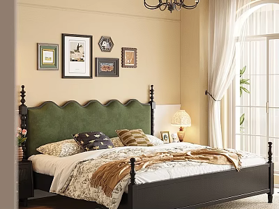Vintage American Double Bed With Green Wavy Upholstered Headboard For Cozy Elegant Bedroom Space 3d model