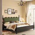 Vintage American Double Bed With Green Wavy Upholstered Headboard For Cozy Elegant Bedroom Space