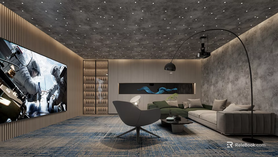 Modern Home Theater Interior With Starry Ceiling Large Screen Sofa Armchair And Carpet 3d model 