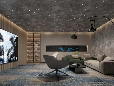 Modern Home Theater Interior With Starry Ceiling Large Screen Sofa Armchair And Carpet 3d model