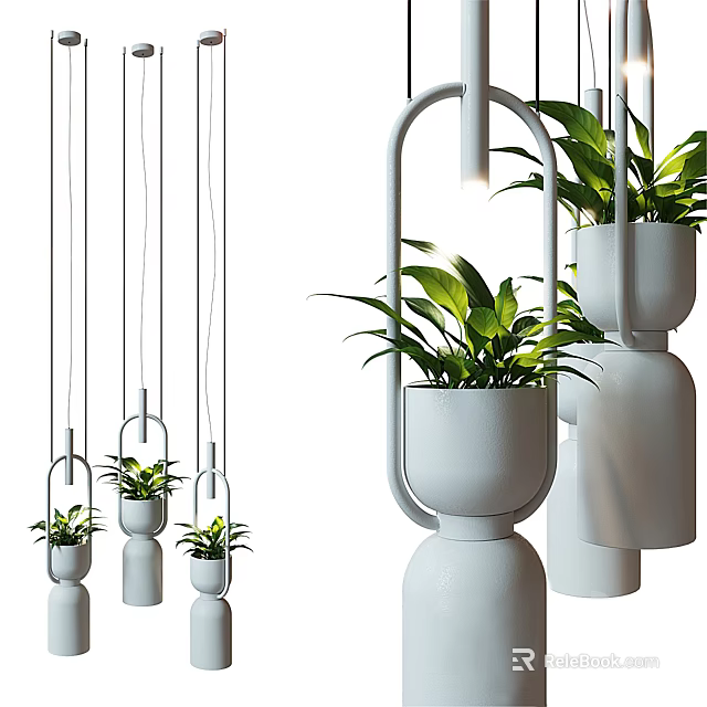 Modern Hanging Chandeliers with Green Plants and White Planters Minimalist Design 3d model 