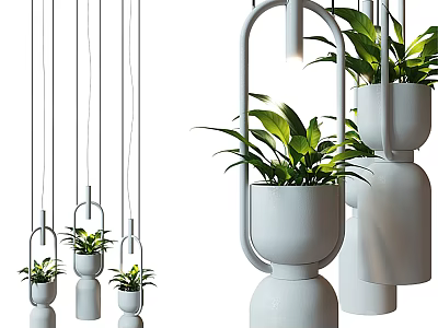 Modern Hanging Chandeliers with Green Plants and White Planters Minimalist Design 3d model