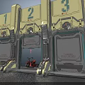 Sci-Fi Scene With Numbered 1 2 3 Mechanical Doors Indicator Lights And Red Motorcycle