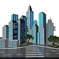 Modern Urban Cityscape With Tall Buildings Traffic Lights Trees And Crosswalk