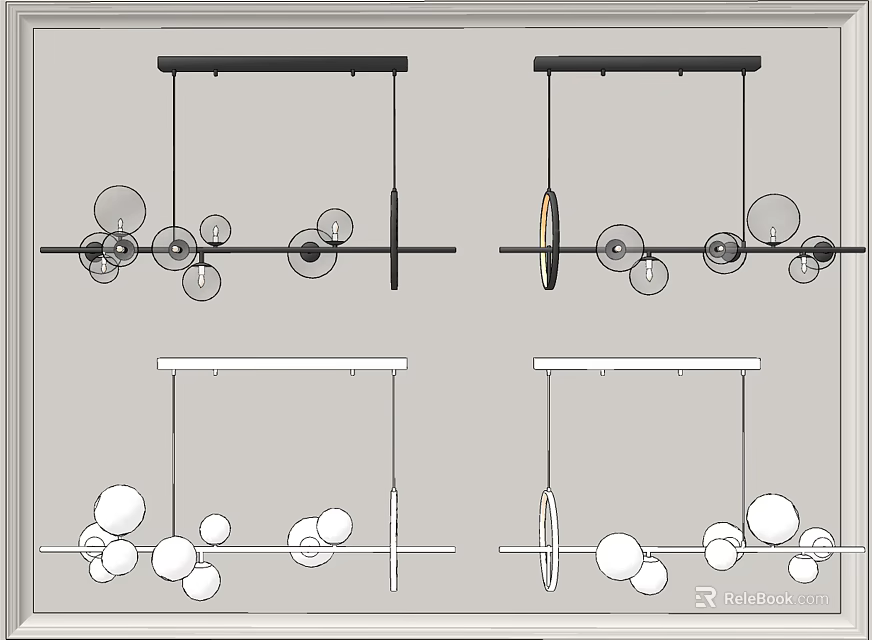 Various Modern Chandeliers With Spherical Glass Balls And Circular Metal Elements 3d model