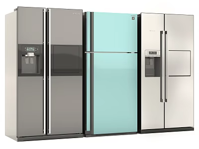Modern Refrigerators And Freezers In Silver Gray And Light Blue Glass Door Styles 3d model