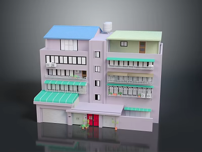 Multi Story Building With Blue Green Roofs Balconies Roll Up Doors And Red Door 3d model