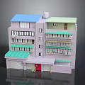 Multi Story Building With Blue Green Roofs Balconies Roll Up Doors And Red Door