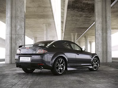 Showroom Interior Displaying Black Sports Car With Concrete Pillars High Ceiling And Bright Lighting 3d model