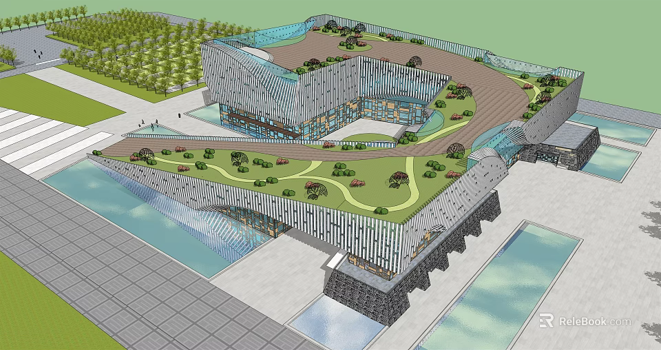 Modern Building Design With Unique Geometric Structure Green Landscaping And Water Features 3d model