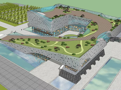 Modern Building Design With Unique Geometric Structure Green Landscaping And Water Features 3d model