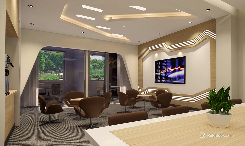 Modern Lounge Area Interior With Brown Chairs Tables Large Screen TV And Green View Windows 3d model 
