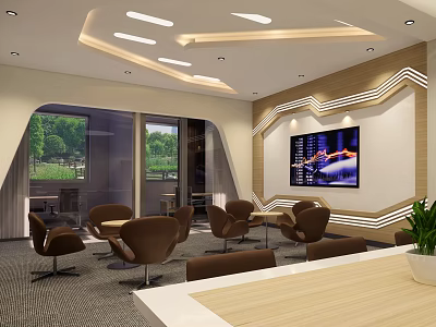 Modern Lounge Area Interior With Brown Chairs Tables Large Screen TV And Green View Windows 3d model