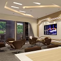Modern Lounge Area Interior With Brown Chairs Tables Large Screen TV And Green View Windows
