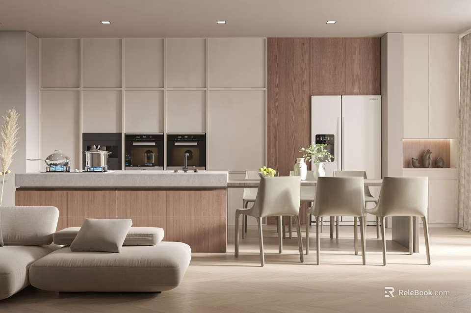 Modern Open Concept Dining Living Room With Wooden Cabinets Sofa And Dining Chairs 3d model 