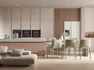 Modern Open Concept Dining Living Room With Wooden Cabinets Sofa And Dining Chairs 3d model