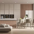 Modern Open Concept Dining Living Room With Wooden Cabinets Sofa And Dining Chairs