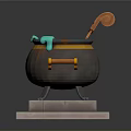 Stylish Dark Cauldron With Orange Handles Blue Liquid And Wooden Spoon On Stone Base