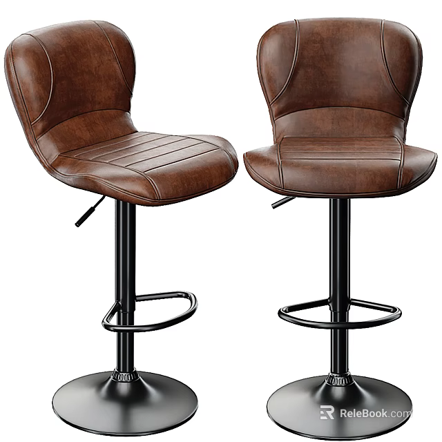 Brown Leather Bar Stools With Adjustable Backrest And Black Metal Frame 3d model