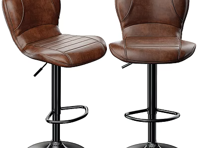 Brown Leather Bar Stools With Adjustable Backrest And Black Metal Frame 3d model