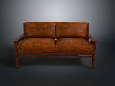 Brown Leather Two Seater Sofa With Wooden Frame Armrests And Backrests 3d model