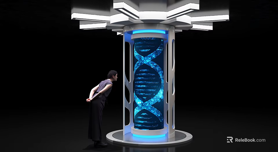 Person Observing Glowing Blue DNA Double Helix Pillar In Modern Illuminated Space 3d model 