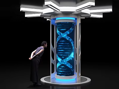 Person Observing Glowing Blue DNA Double Helix Pillar In Modern Illuminated Space 3d model