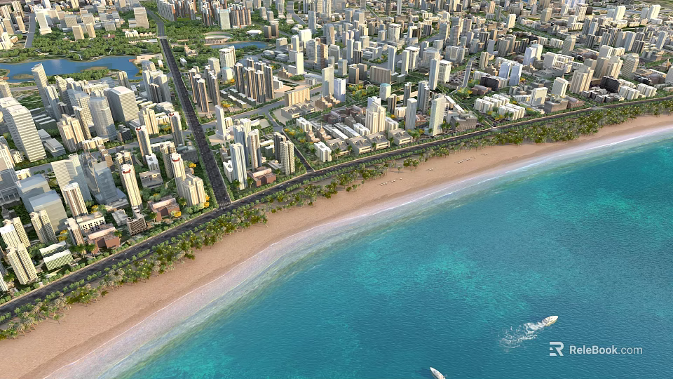 Coastal City Aerial View Planning With Beach Ocean Buildings And Roads 3d model 