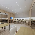 School Cafeteria Modern Open Kitchen With Wooden Tables Chairs And TV Screens