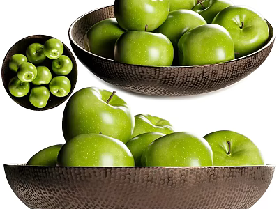 Brown Textured Bowls Filled With Green Apples 3d model
