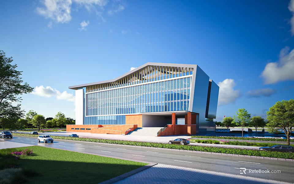Modern School Building With Glass Facade Sloped Roof And Green Lawns By Road 3d model 