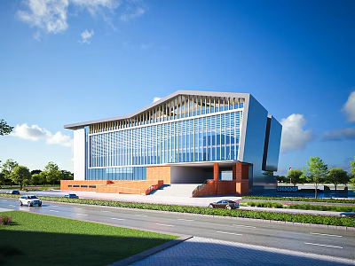 Modern School Building With Glass Facade Sloped Roof And Green Lawns By Road 3d model