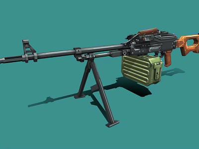 Tactical Machine Gun With Tripod Stand Ammunition Box And Wooden Grip 3d model