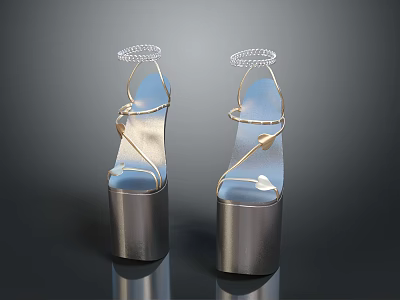 Stylish Metallic Block Heel High Heels With Transparent Blue Straps And Gold Leaf Accents 3d model