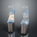Stylish Metallic Block Heel High Heels With Transparent Blue Straps And Gold Leaf Accents