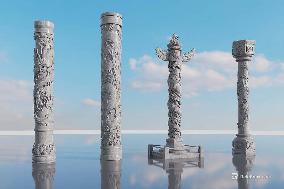 Garden Ornaments Stone Carved Pillars with Various Intricate Designs Against Blue Sky and Reflective Surface 3d model 