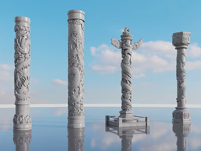 Garden Ornaments Stone Carved Pillars with Various Intricate Designs Against Blue Sky and Reflective Surface 3d model